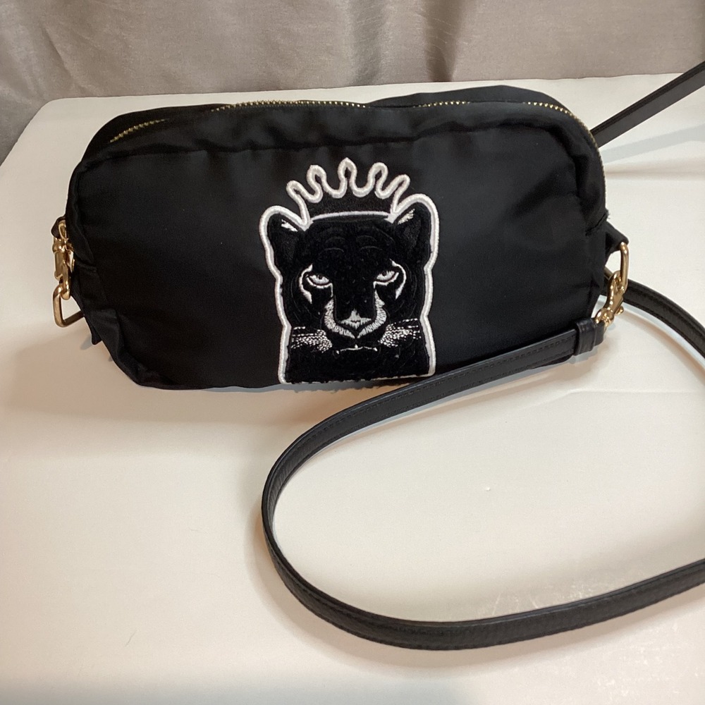 Bloc Black Nylon Crossbody Bag Panther Crown Patch Gold Hardware Camera Bag